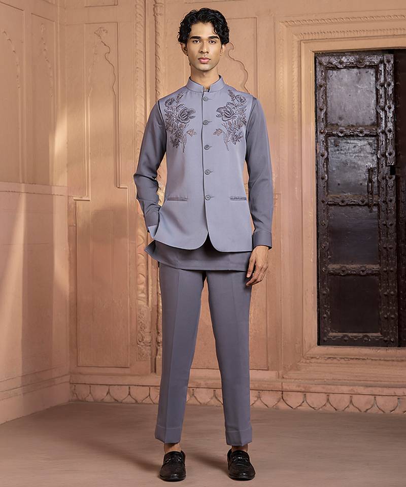 Grey embroidered linen nehru jacket set