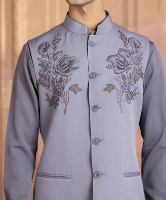Grey embroidered linen nehru jacket set 4