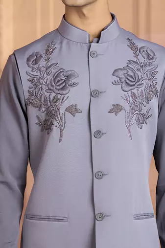 Grey embroidered linen nehru jacket set
