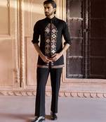 Black embroidered linen kurta set