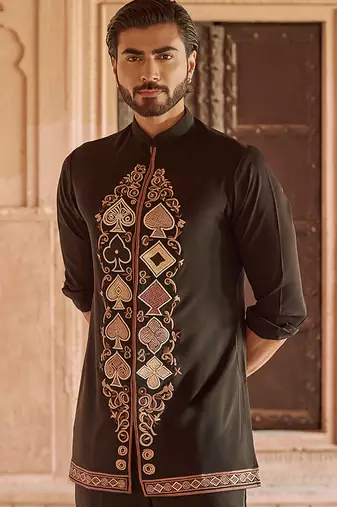 Black embroidered linen kurta set