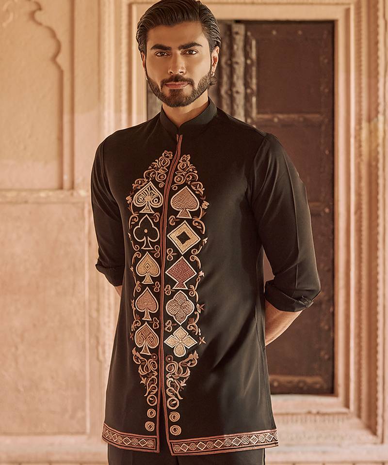 Black embroidered linen kurta set