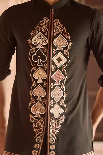 Black embroidered linen kurta set