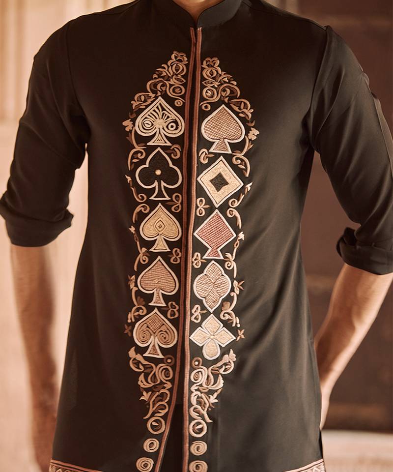 Black embroidered linen kurta set