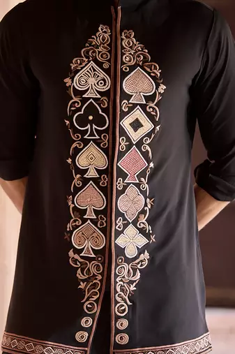 Black embroidered linen kurta set