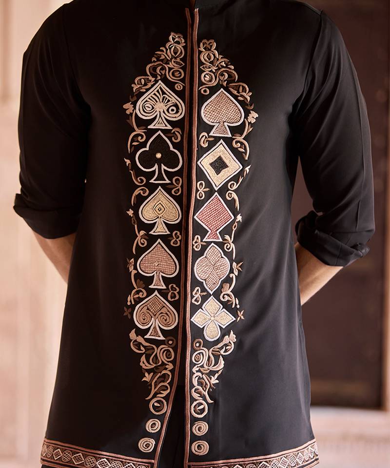 Black embroidered linen kurta set