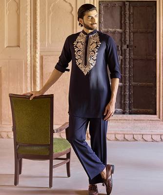 Blue embroidered linen kurta set 1