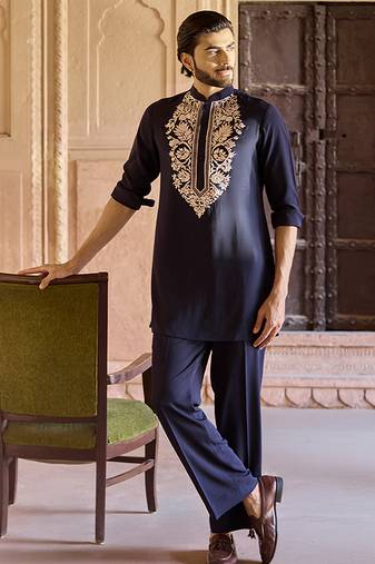 Blue embroidered linen kurta set