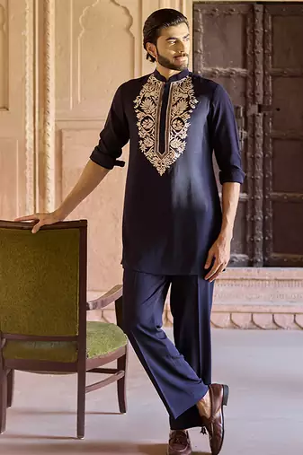 Blue embroidered linen kurta set