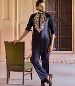 Blue embroidered linen kurta set