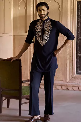 Blue embroidered linen kurta set