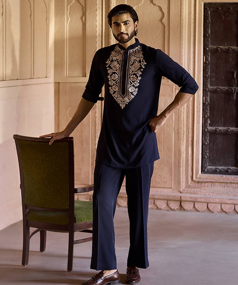 Blue embroidered linen kurta set