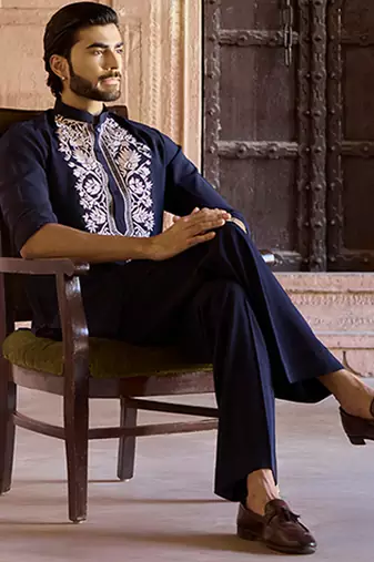 Blue embroidered linen kurta set