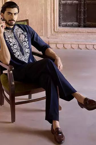 Blue embroidered linen kurta set