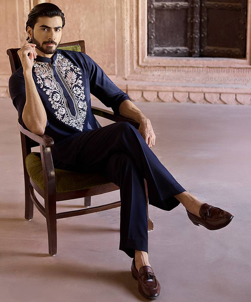 Blue embroidered linen kurta set