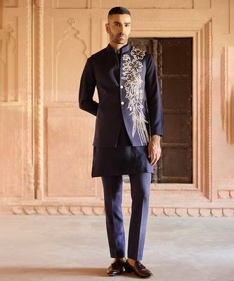 Blue embroidered linen nehru jacket set 1