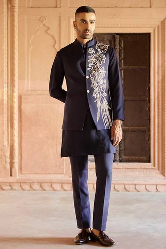 Blue embroidered linen nehru jacket set