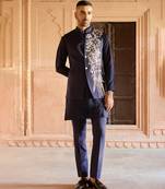 Blue embroidered linen nehru jacket set