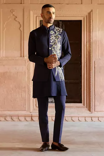 Blue embroidered linen nehru jacket set