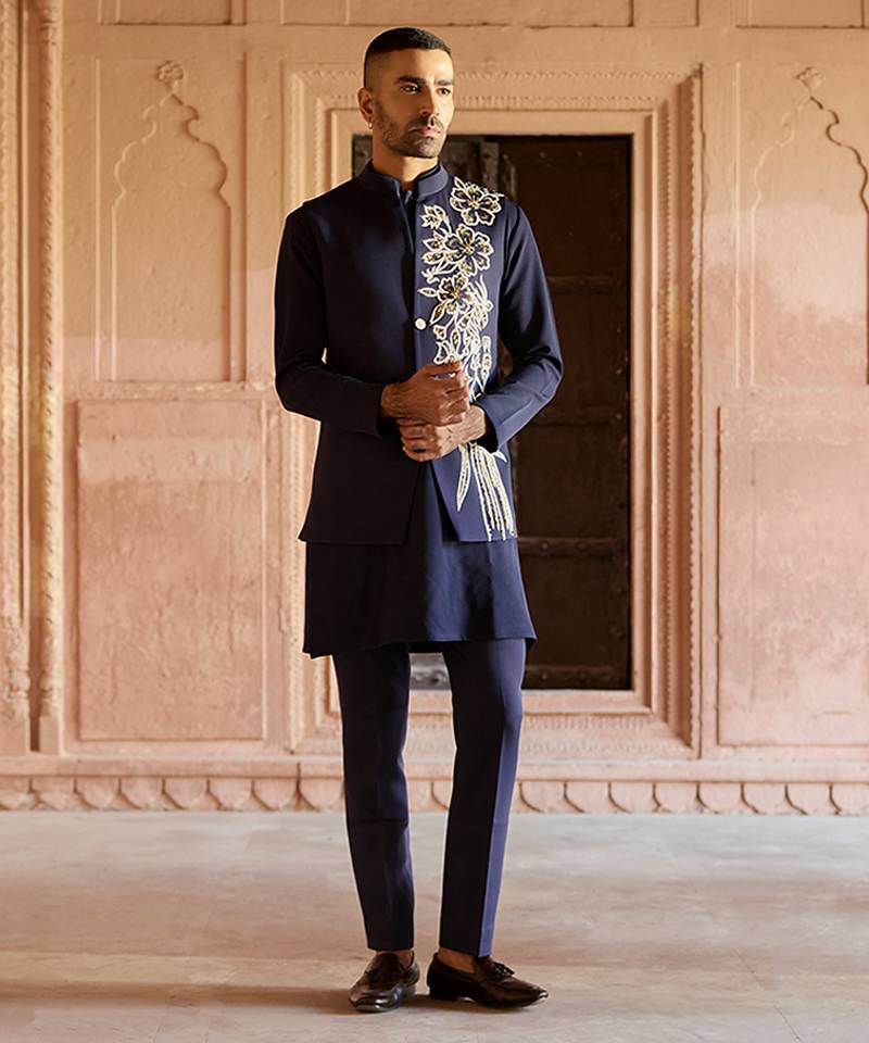 Blue embroidered linen nehru jacket set