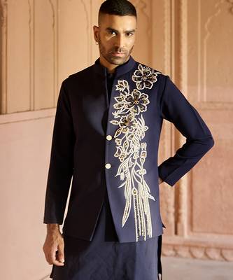 Blue embroidered linen nehru jacket set 3