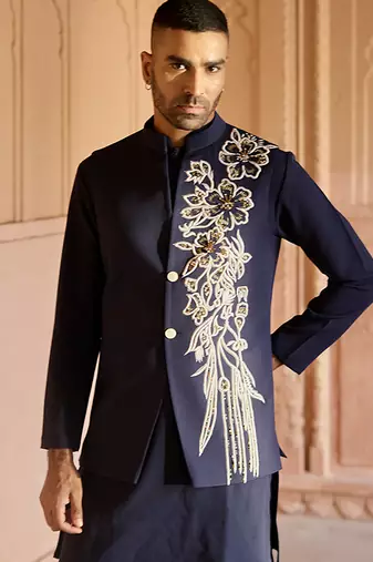 Blue embroidered linen nehru jacket set