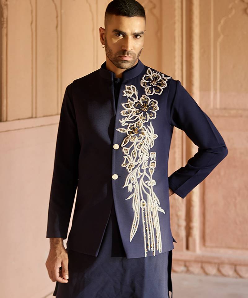 Blue embroidered linen nehru jacket set