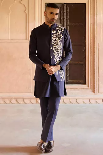 Blue embroidered linen nehru jacket set