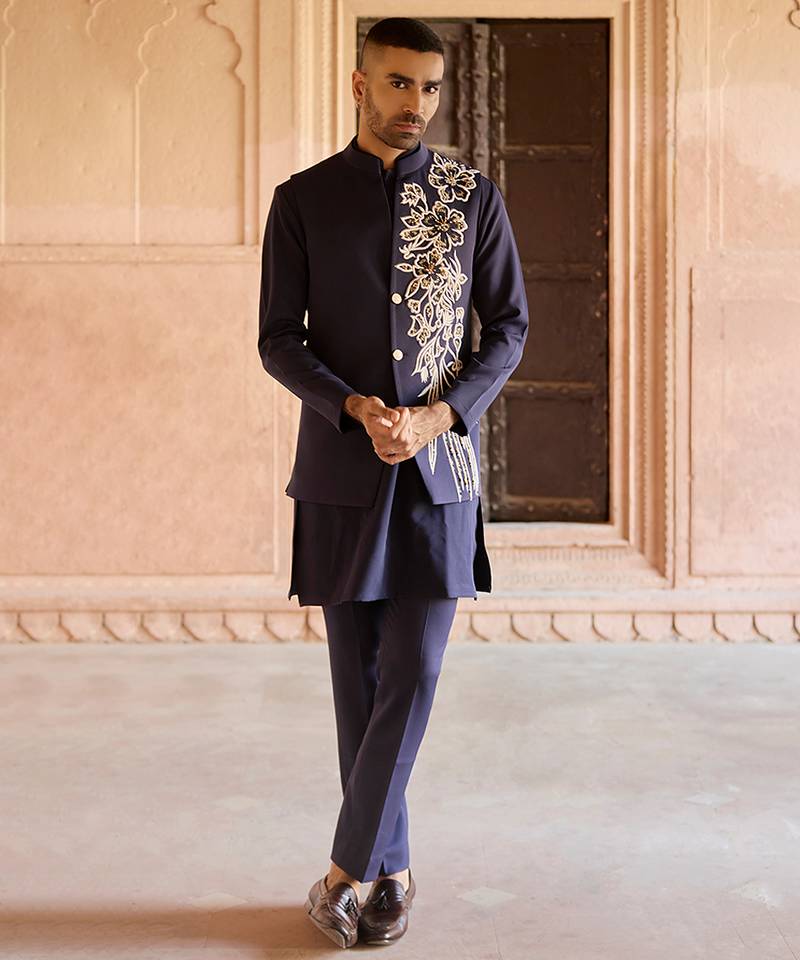 Blue embroidered linen nehru jacket set