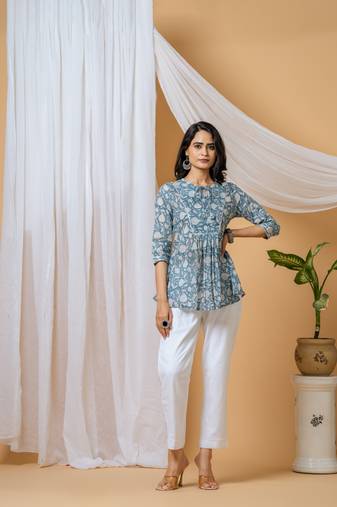 Blue floral hand block printed cotton co-ord set