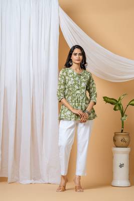 Green floral hand block printed cotton co-ord set 1