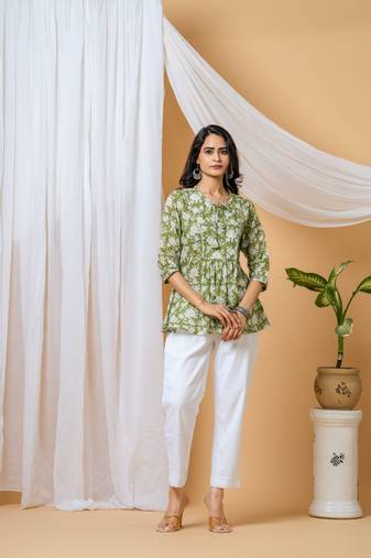 Green floral hand block printed cotton co-ord set