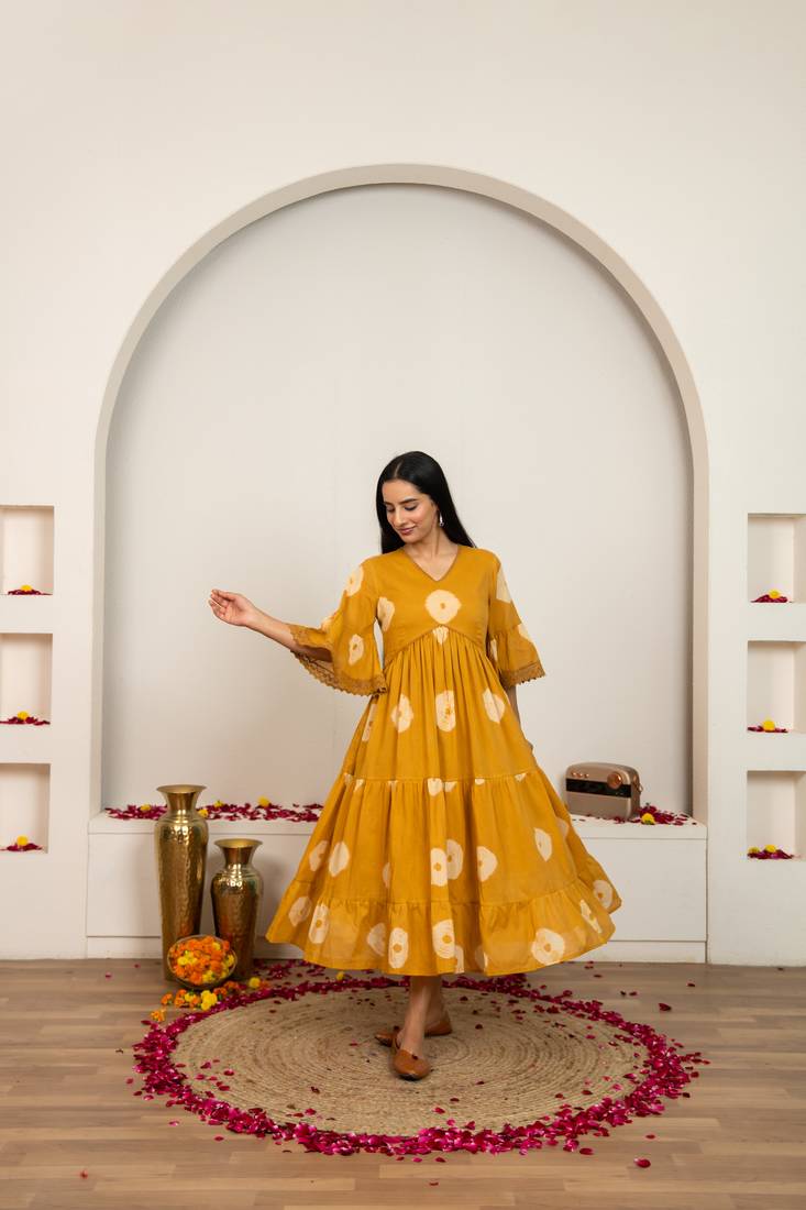 Mustard yellow tie & dye cotton dress