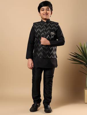 Boys black cotton silk oval sequined buti pattern kurta & pyjama with waistcoat set 1