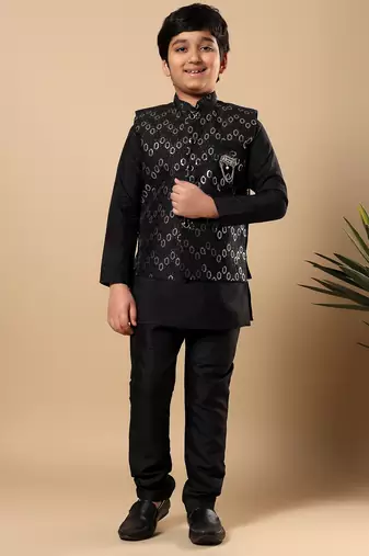 Boys black cotton silk oval sequined buti pattern kurta & pyjama with waistcoat set