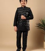 Boys black cotton silk oval sequined buti pattern kurta & pyjama with waistcoat set