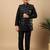 Boys black cotton silk oval sequined buti pattern kurta & pyjama with waistcoat set