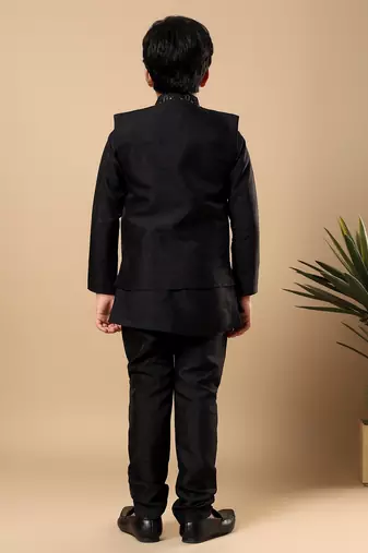 Boys black cotton silk oval sequined buti pattern kurta & pyjama with waistcoat set