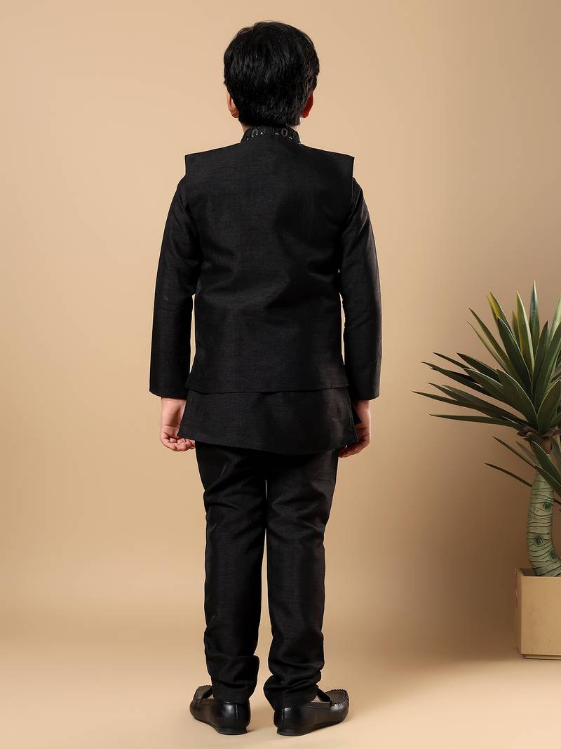 Boys black cotton silk oval sequined buti pattern kurta & pyjama with waistcoat set