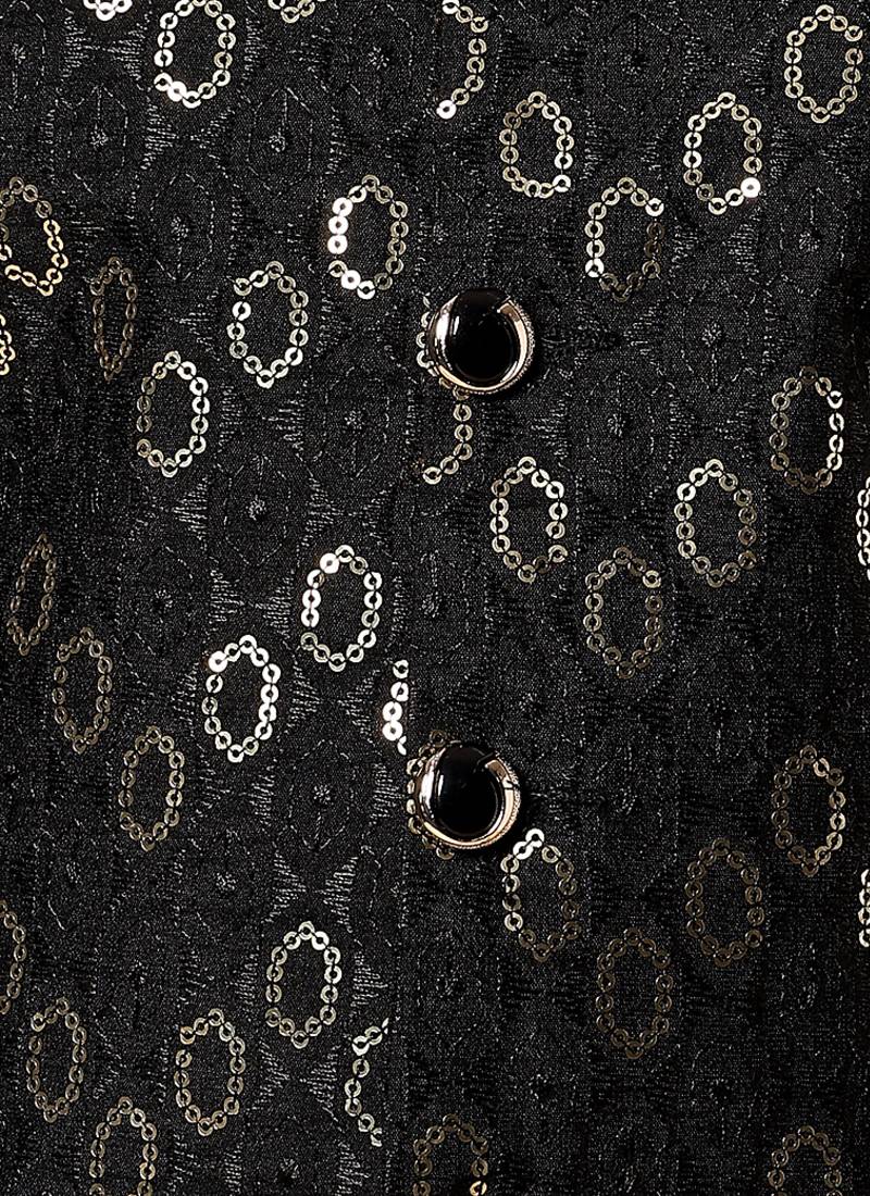 Boys black cotton silk oval sequined buti pattern kurta & pyjama with waistcoat set