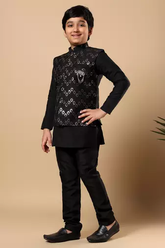 Boys black cotton silk oval sequined buti pattern kurta & pyjama with waistcoat set