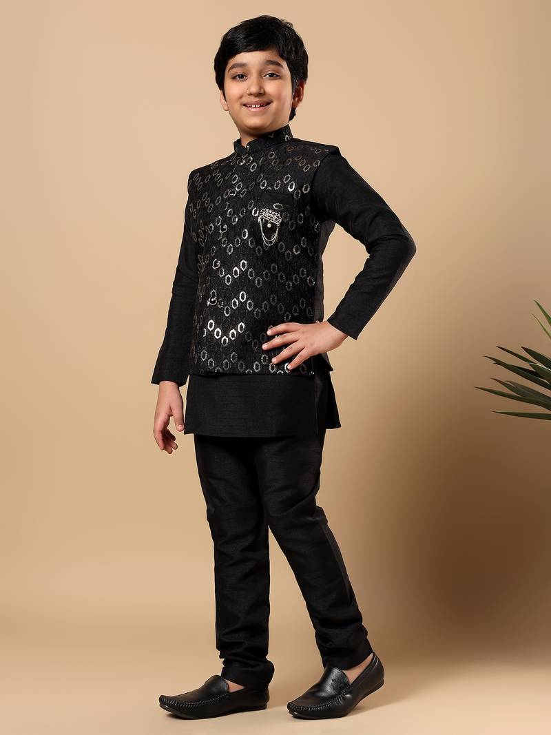 Boys black cotton silk oval sequined buti pattern kurta & pyjama with waistcoat set