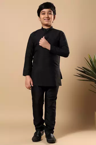 Boys black cotton silk oval sequined buti pattern kurta & pyjama with waistcoat set