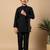 Boys black cotton silk oval sequined buti pattern kurta & pyjama with waistcoat set