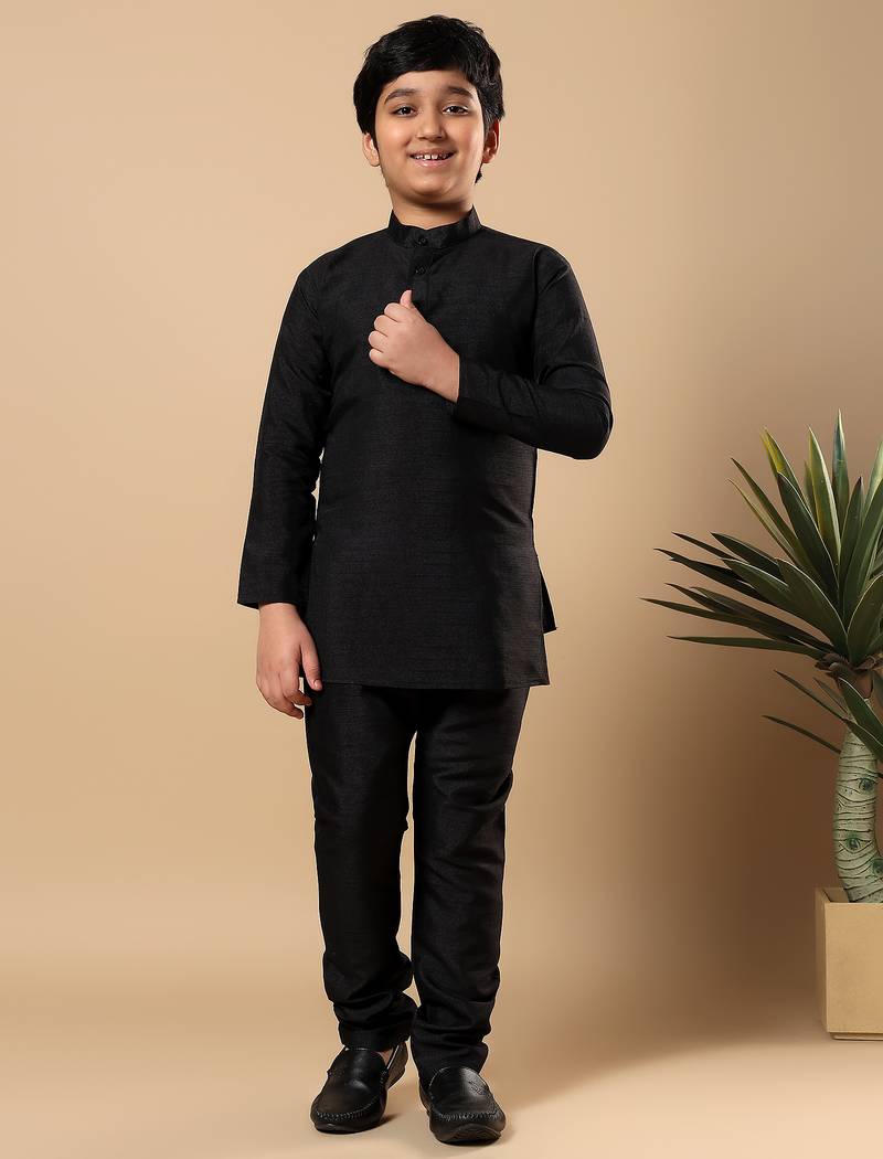 Boys black cotton silk oval sequined buti pattern kurta & pyjama with waistcoat set