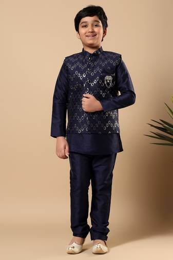 Boys navy blue cotton silk oval sequined buti pattern kurta & pyjama with waistcoat set