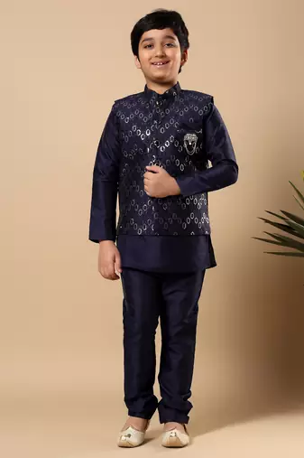 Boys navy blue cotton silk oval sequined buti pattern kurta & pyjama with waistcoat set