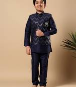 Boys navy blue cotton silk oval sequined buti pattern kurta & pyjama with waistcoat set