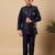 Boys navy blue cotton silk oval sequined buti pattern kurta & pyjama with waistcoat set