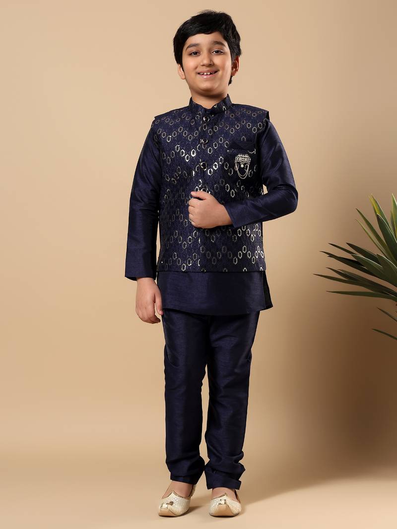 Boys navy blue cotton silk oval sequined buti pattern kurta & pyjama with waistcoat set